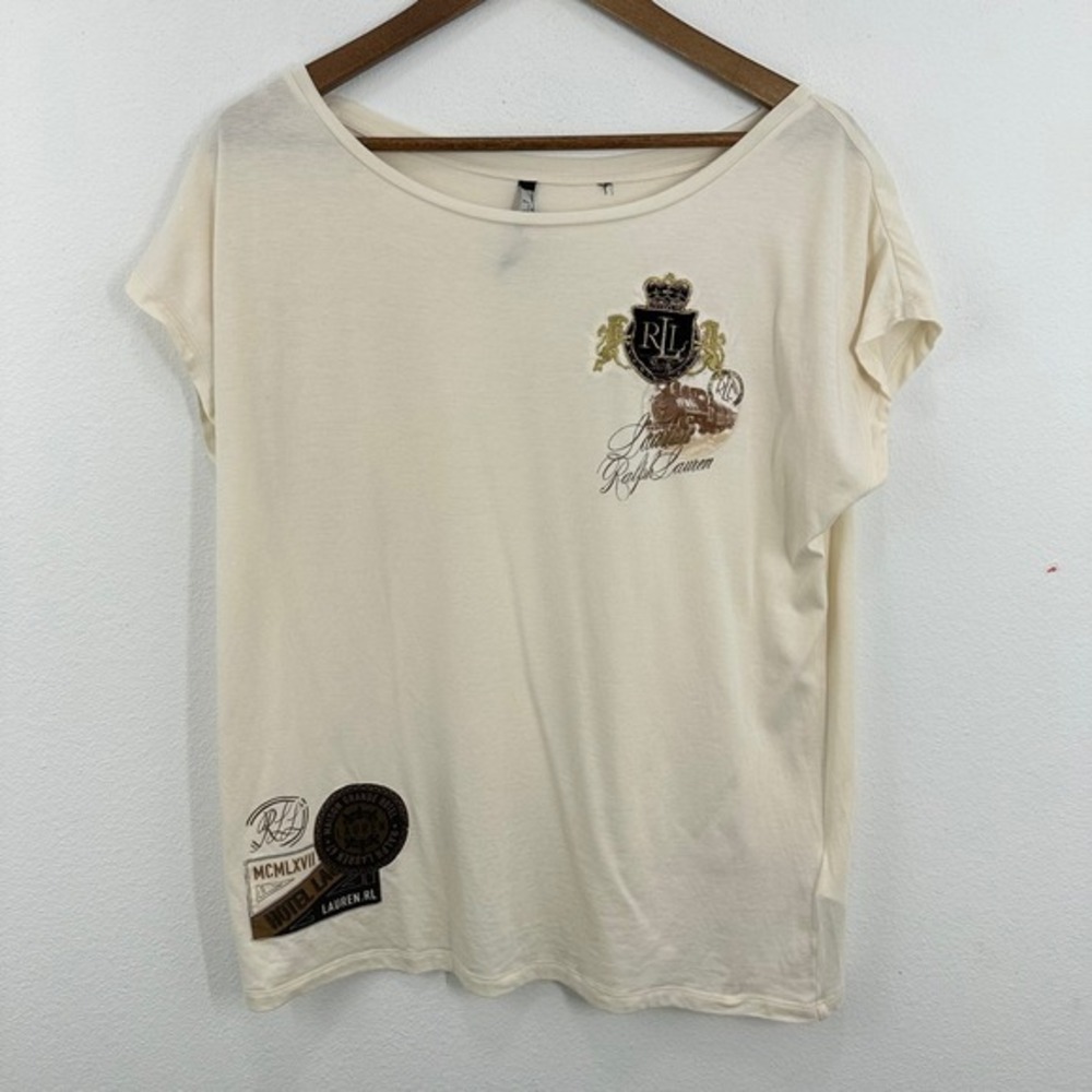 Lauren Ralph Lauren Embellished Graphic T-Shirt Beige Maroon Short Sleeve Top